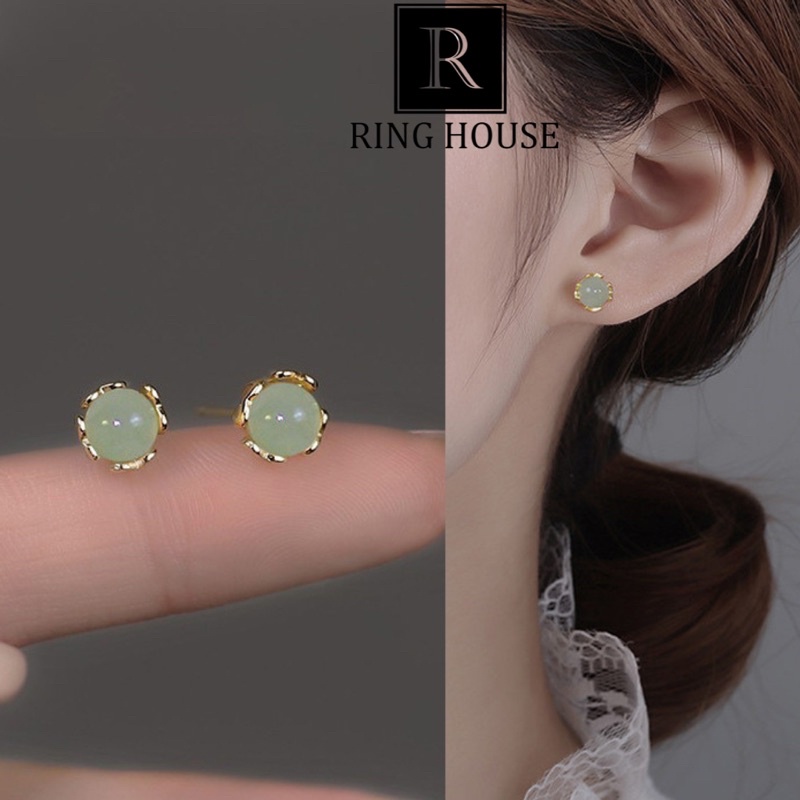 (Chuôi Bạc 925) Khuyên tai nữ bông tai nữ ngọc bích xanh mệnh mộc đẹp Ring House