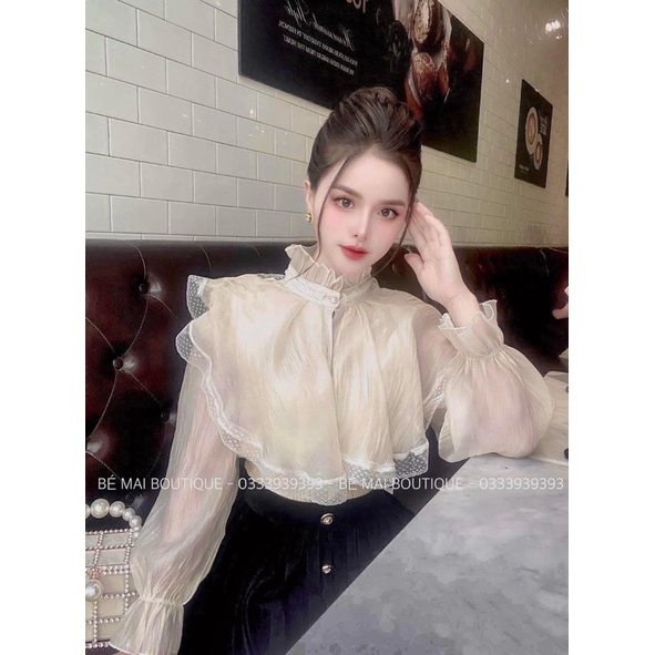 Áo sơ mi voan tiểu thư cổ tròn bèo phối ren