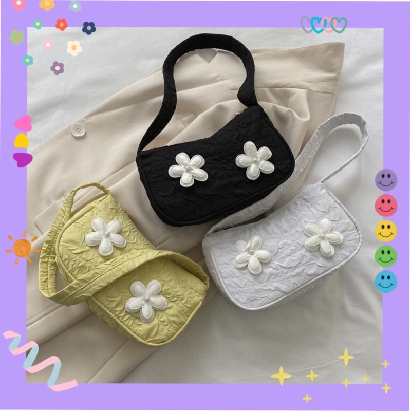 Túi xách đeo vai dáng oval đính Hoa trắng 💛 siêu cuteee