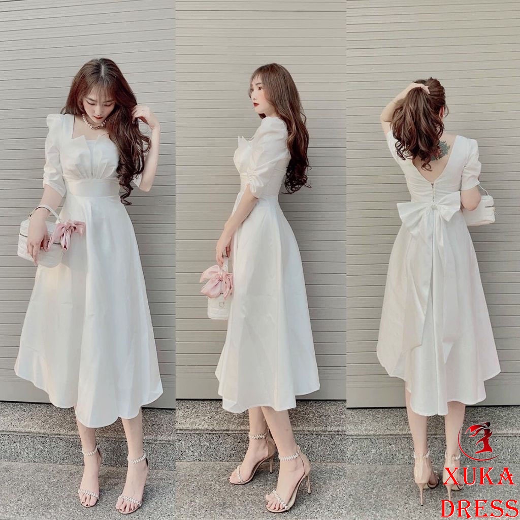 Váy trắng dự tiệc đầm dáng xòe tiểu thư công chúa tay phồng cổ vuông dập ly ngực xinh đẹp XUKA DRESS DT 036