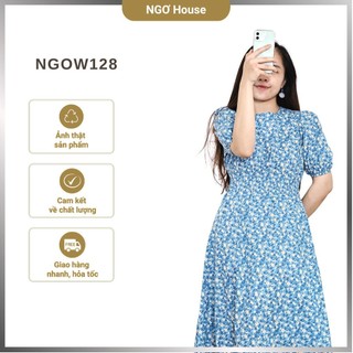 Váy hoa nhí xanh dáng dài vintage Holly Dress, váy hoa nhí chun eo tay bồng nàng thơ