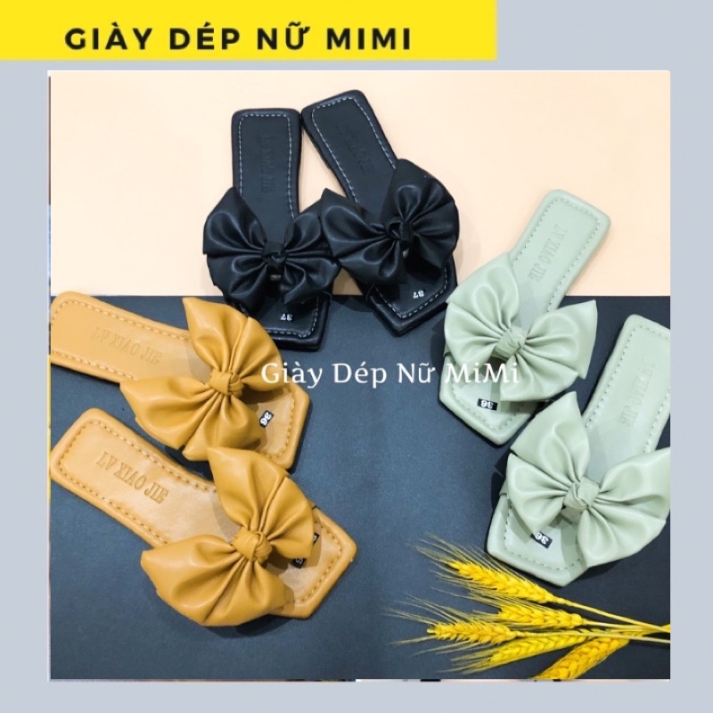 Dép Nữ MiMi Đế Bệt Quay Nơ Thời Trang Màu Vàng,Đen,Xanh
