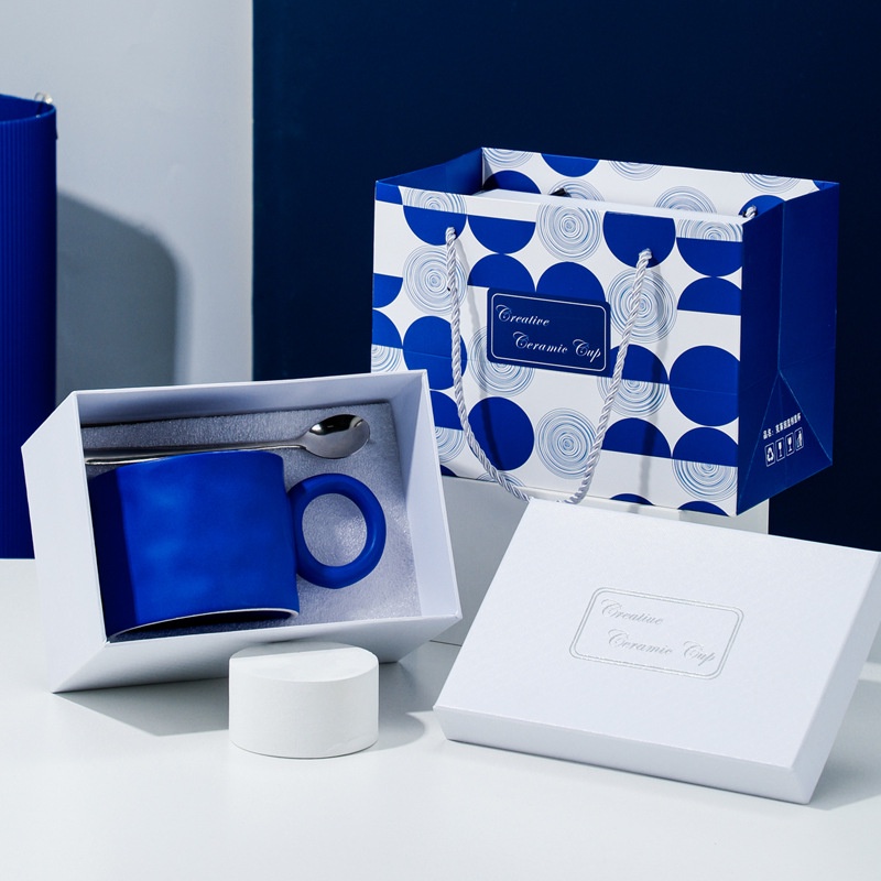 Cốc ly sứ men xanh trắng hộp quà tặng Ráp dung tích 450ml 2 màu trắng xanh đựng trà, cafe, nước, dùng hàng ngày, làm quà