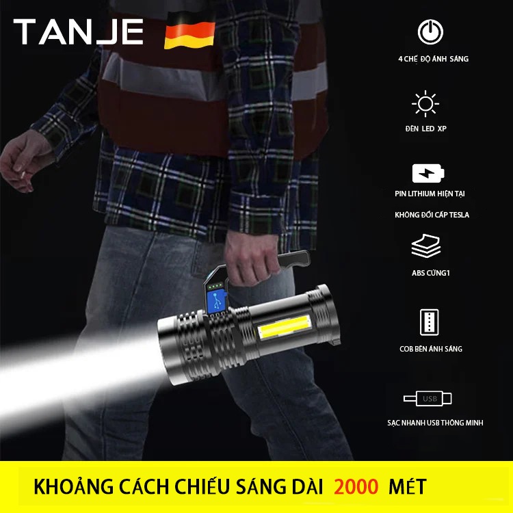 Đèn Pin Siêu Sáng Cầm Tay LED công suất cao Đèn cầm tay LED + COB - Đèn pin sạc USB không thấm nước cho ánh sáng mạnh mẽ khi sử dụng ngoài trời. Đèn pha 4 chế độ ánh sáng.