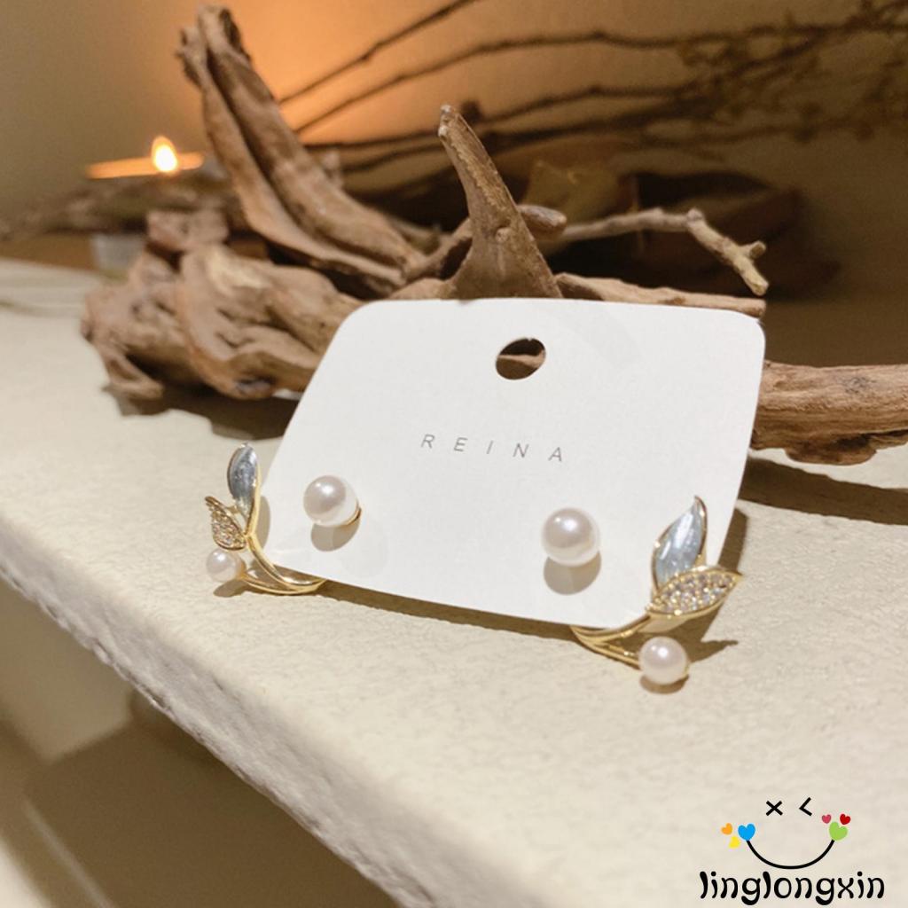 Bông Tai Hợp Kim Hình Chiếc Lá Đính Ngọc Trai Giả Thanh Lịch Linglongxi2