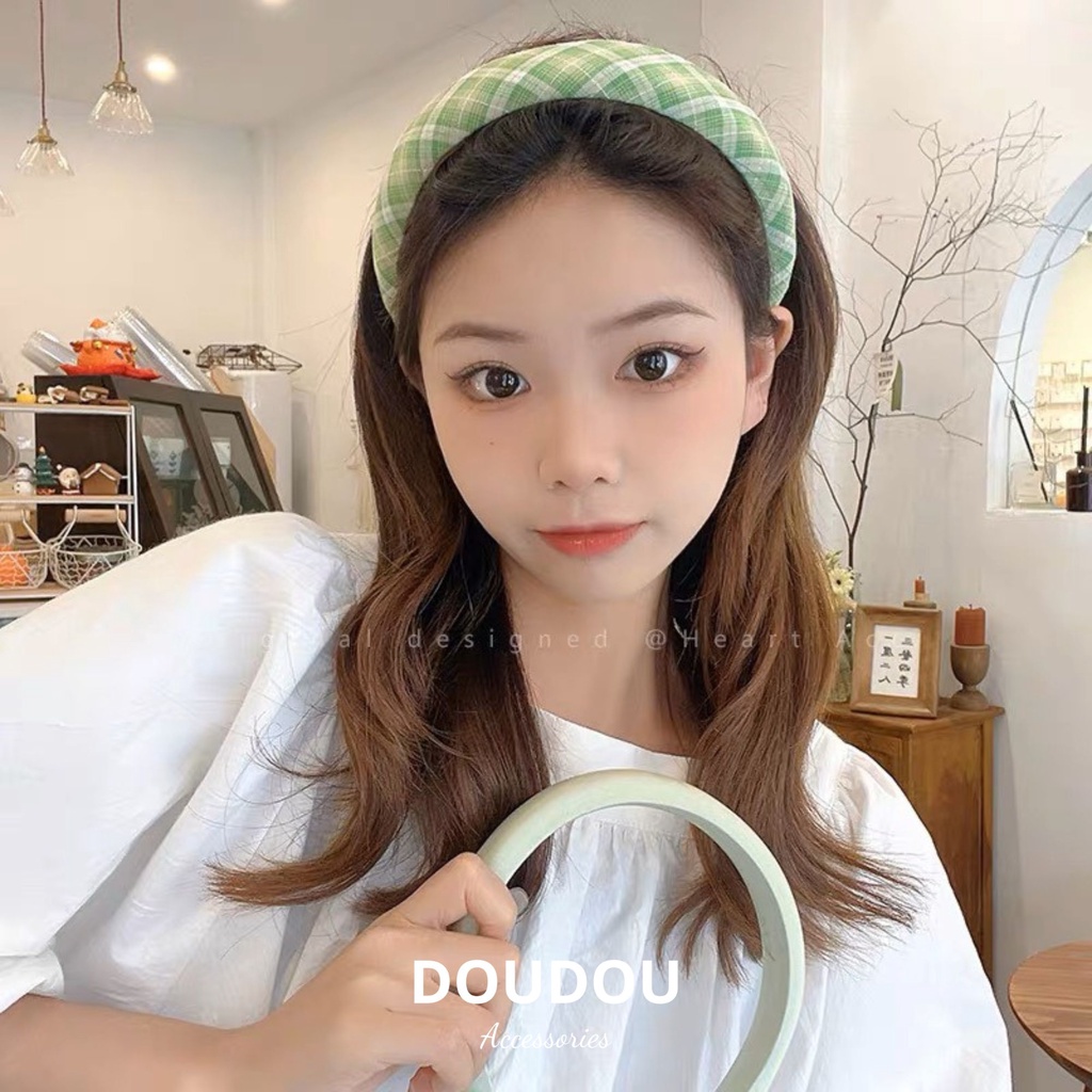 Băng đô cài tóc DOUDOU Bờm tóc nữ cao cấp form dày dặn 3cm phong cách Âu Mỹ hoạ tiết kẻ sọc thời trang FG026