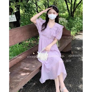 Đầm midi đũi lụa cổ bèo cột nơ duyên dáng