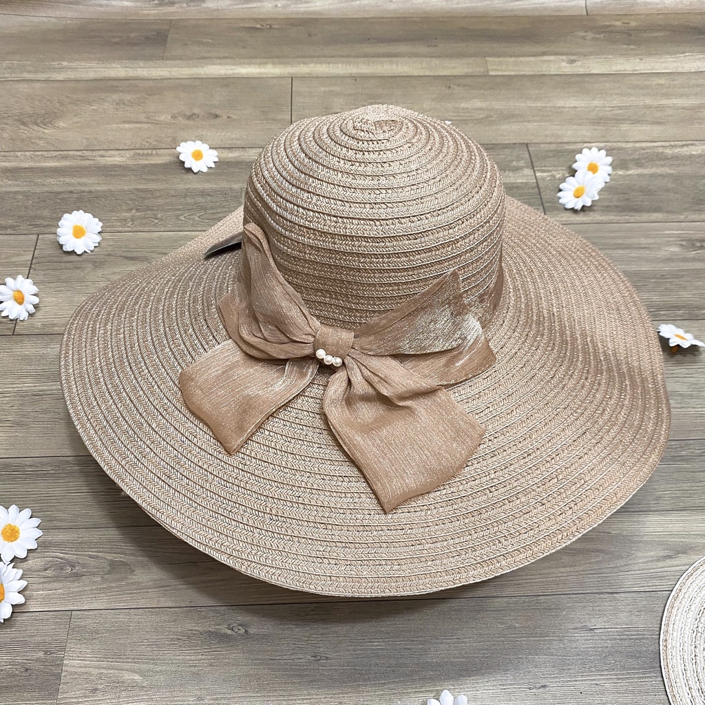 Nón mũ cói đi biển vành rộng phối nơ voan đính ngọc nhiều màu cực đẹp - NN8