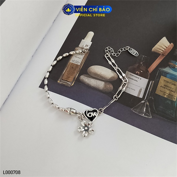 Lắc tay xích trái tim charm hoa nhỏ chất liệu bạc Thái 925 thời trang phụ kiện trang sức nữ Viễn Chí Bảo L000708