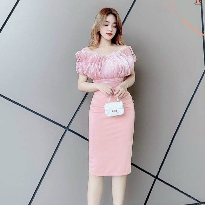 Đầm váy nữ body trễ vai cao cấp dự tiệc sang chảnh màu phối 4 màu tay lửng bồng stclothing Vip87