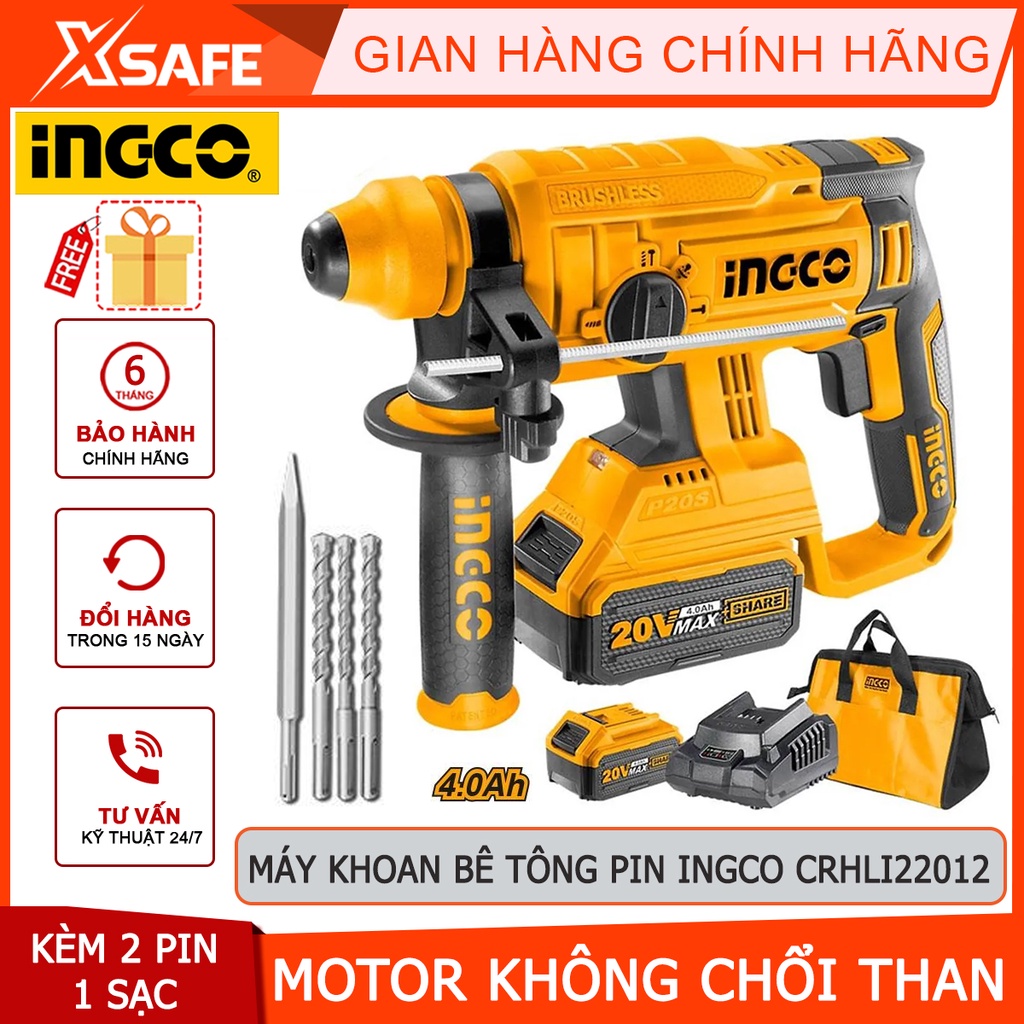 Máy khoan bê tông dùng pin 20V INGCO CRHLI22012 không chổi than, tốc độ 1350v/p, lực đập 1.5J, kèm 2 pin 4Ah 1 sạc