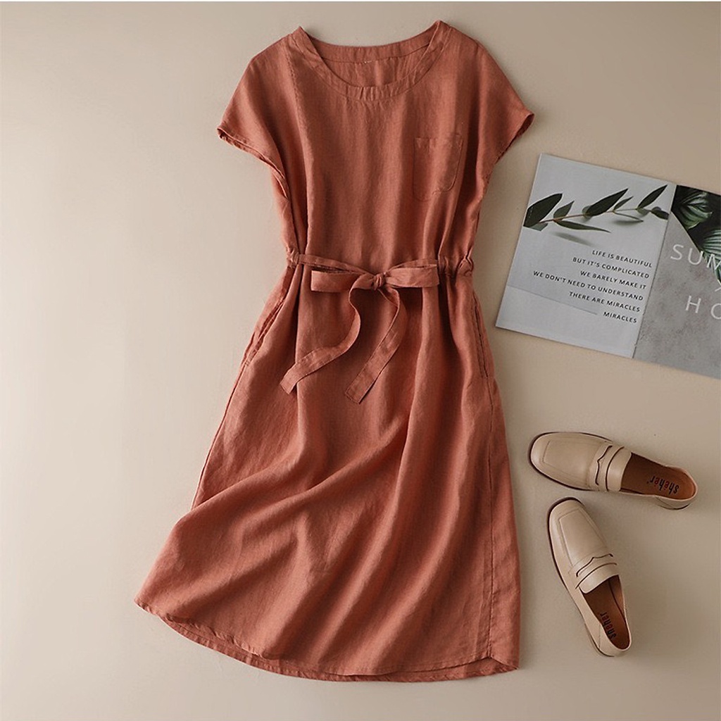 Đầm suông tay hến Linen bột Hàn rút eo SLINEN, form váy suông không kén dáng mặc