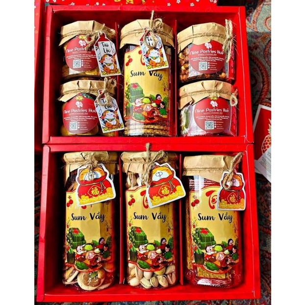 Tem dán đồ ăn vặt, hoa quả, mứt quà tặng Tết