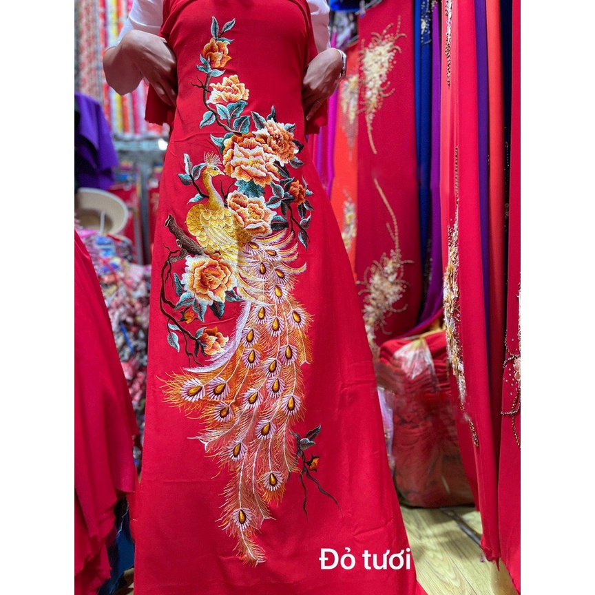 Vải lụa gãy thêu công hoa hồng kiểu 2, vải áo dài cao cấp thêu lắc tay (Sỉ lẻ vải áo dài giá xưởng)