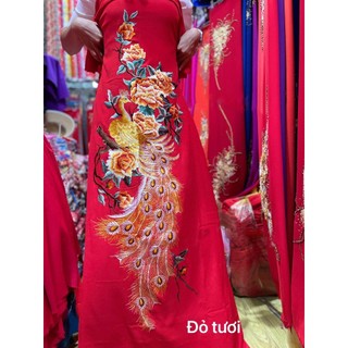 Vải lụa gãy thêu công hoa hồng kiểu 2, vải áo dài cao cấp thêu lắc tay