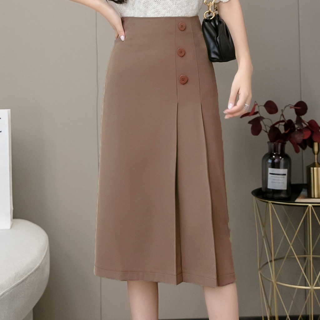 Chân Váy Công sở Dáng Dài xếp ly tà lệch phối cúc phong cách lịch sự, chất vải tuyết mưa vitex dày dặn, khóa kéo giọt lệ