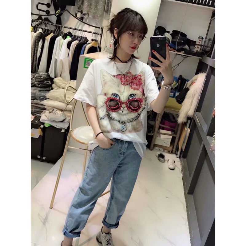 (HÌNH VÀ CLIP CHỤP THẬT) Năm con mèo sắm ngay Áo phông freesize đính đá in mèo 3D hot nha.Áo BIGSIZE phong cách Hàn Quốc