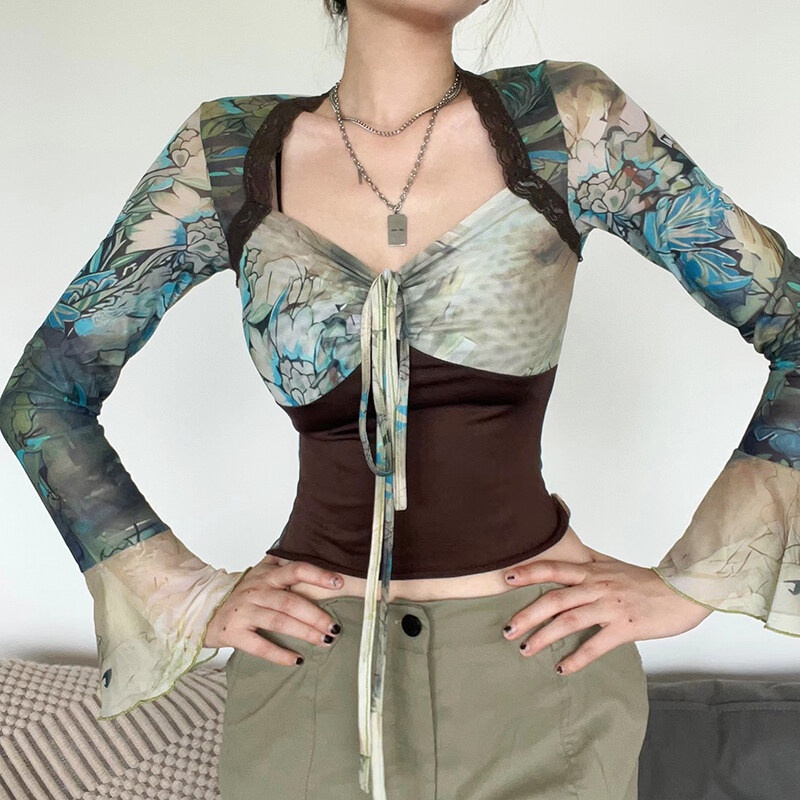 Weird Puss Áo thun dài tay nhuộm màu phong cách retro thời trang cho nữ