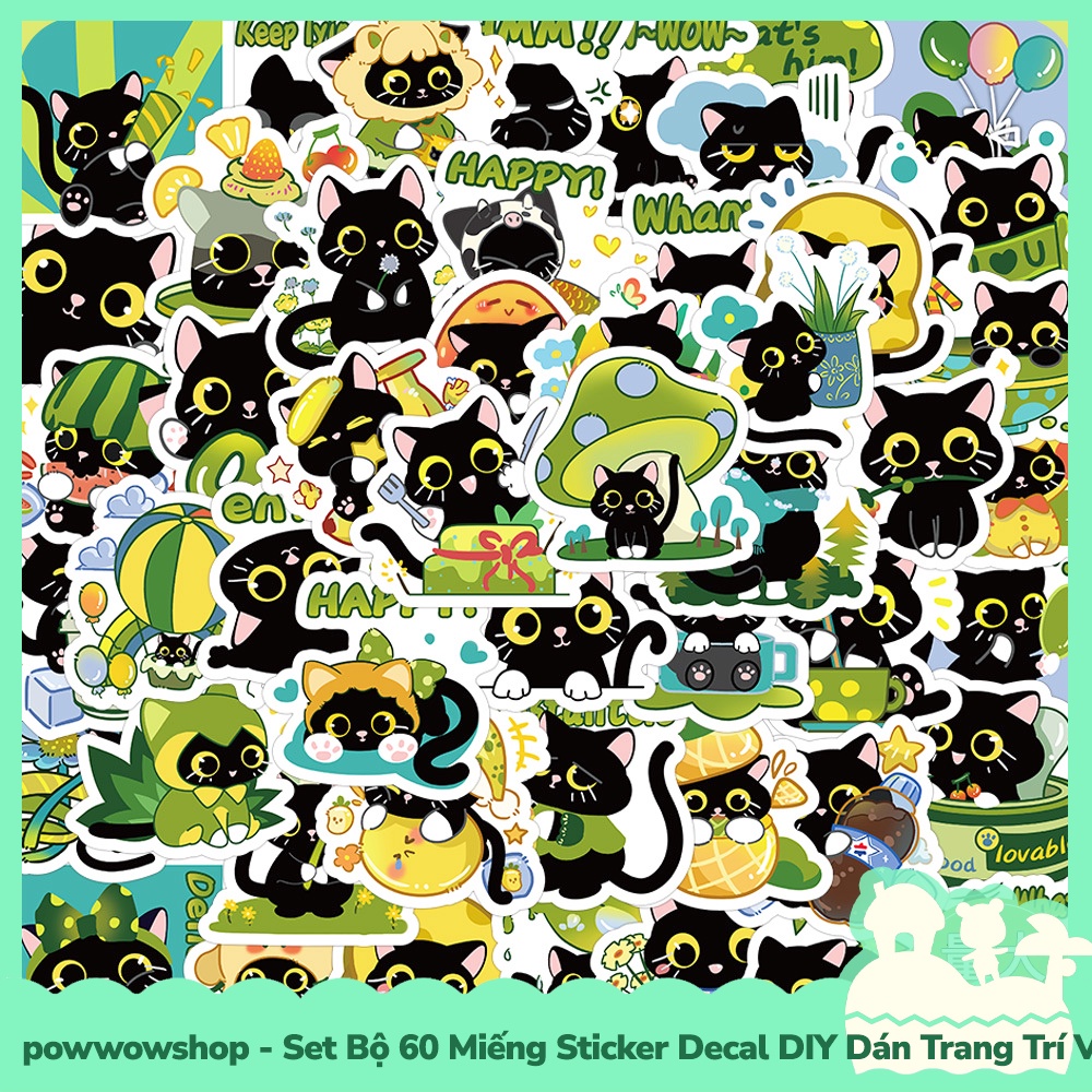 [Sẵn VN - Hỏa Tốc] Set Bộ 50/60 Miếng Sticker DIY Chống Thấm Nước Dán Trang Trí Vật Dụng Phong Cách Hoạt Hình Green Cat