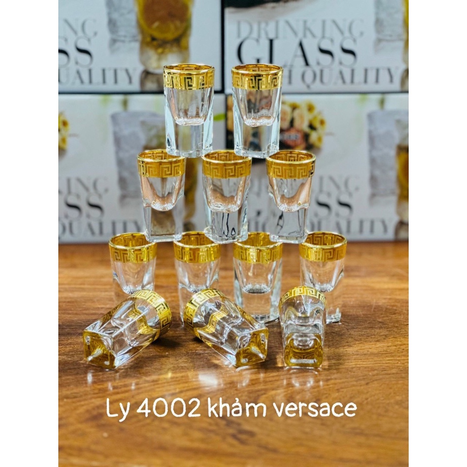 SALE SHOCK Bộ 6 ly chén uống rượu thủy tinh đế vuông dày khảm họa tiết vàng tiệp khắc sang trọng cao cấp