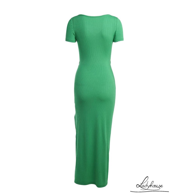 Đầm Dài Dệt Kim Tay Ngắn Cổ Chữ V Màu Trơn Thiết Kế Dây Rút Xẻ Tà Thời Trang Mùa Hè Cho Nữ