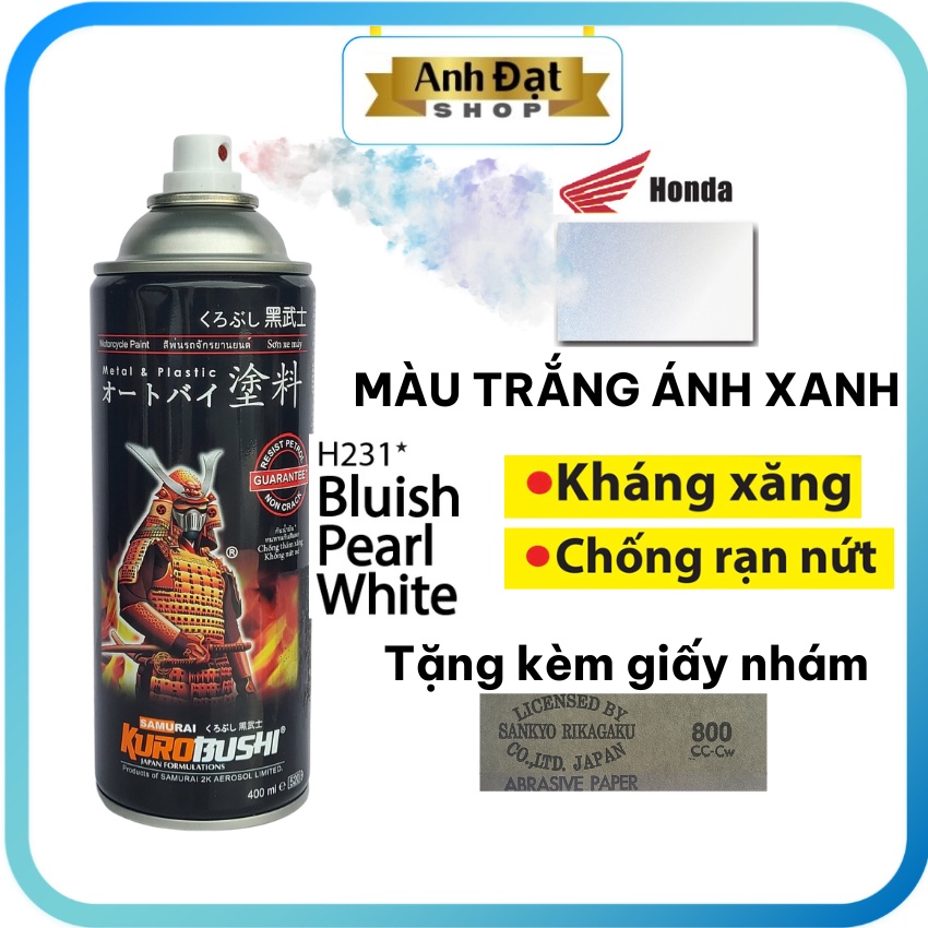 Sơn xịt samurai màu trắng ánh xanh H231*, 400ml, có khả năng kháng xăng (A92, A95), chống rạn nứt, bình xịt