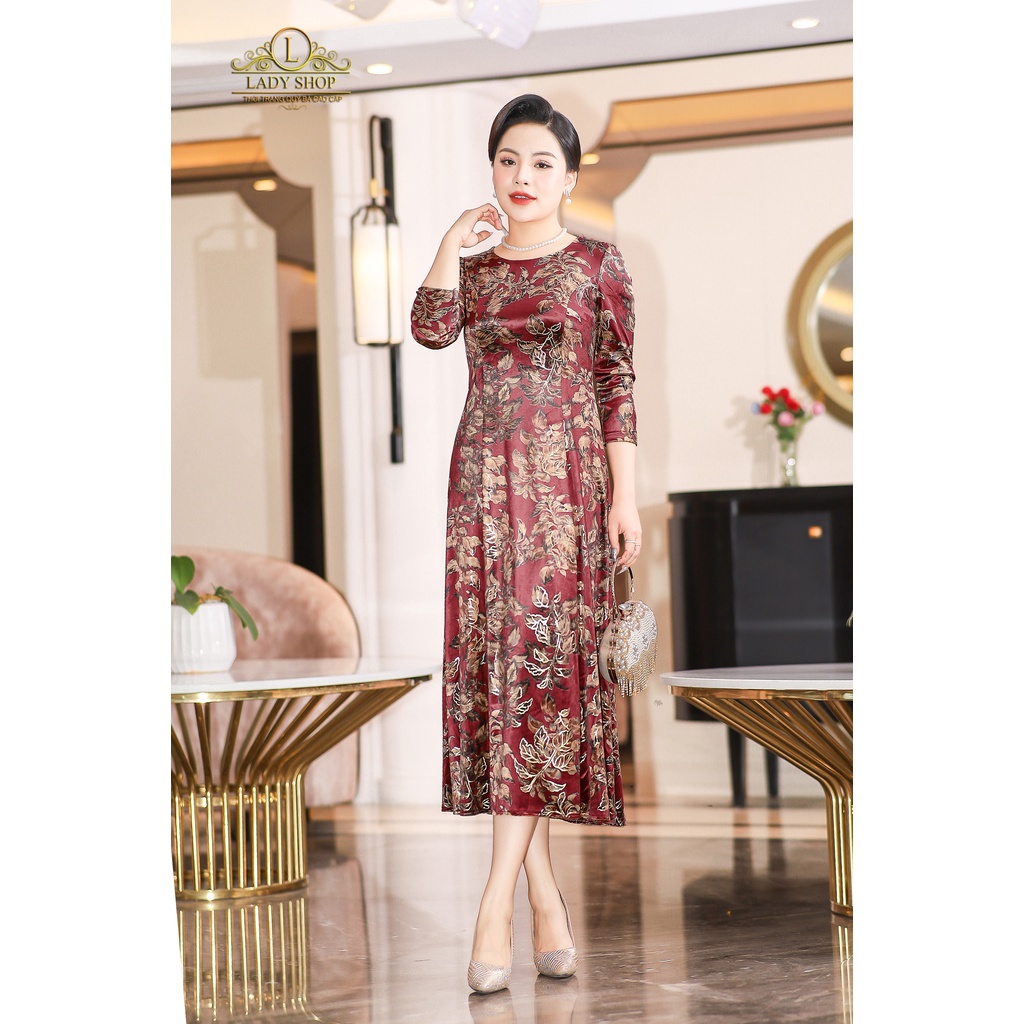 Đầm nhung in hoa viền nhũ Ladyshop thời trang trung niên cao cấp T78