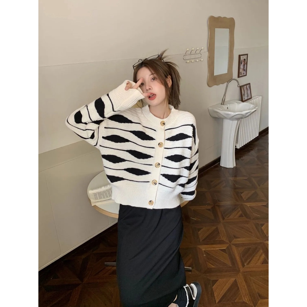 SUXI Áo Khoác Cardigan Dệt Kim Tay Dài Dáng Rộng Họa Tiết Kẻ Sọc Thời Trang Mùa Thu Cho Nữ