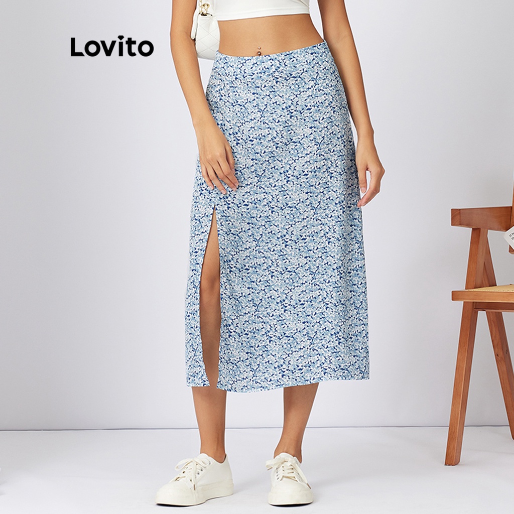 Lovito Váy xẻ đùi phối hoa giản dị L21AS029 (Xanh lam)