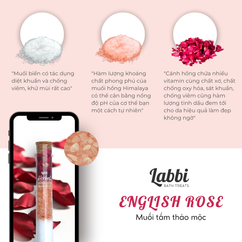 ENGLISH ROSE - Muối tắm thảo mộc ngâm bồn 55g (10 mùi lựa chọn) Labbi Bathtreats