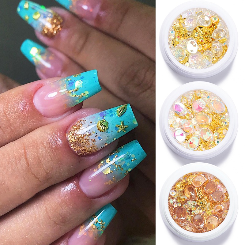 Hộp phụ kiện đính trang trí móng tay nghệ thuật DIY UR SUGAR kiểu dáng trái tim đá nhân tạo vỏ sò kim loại hỗn hợp