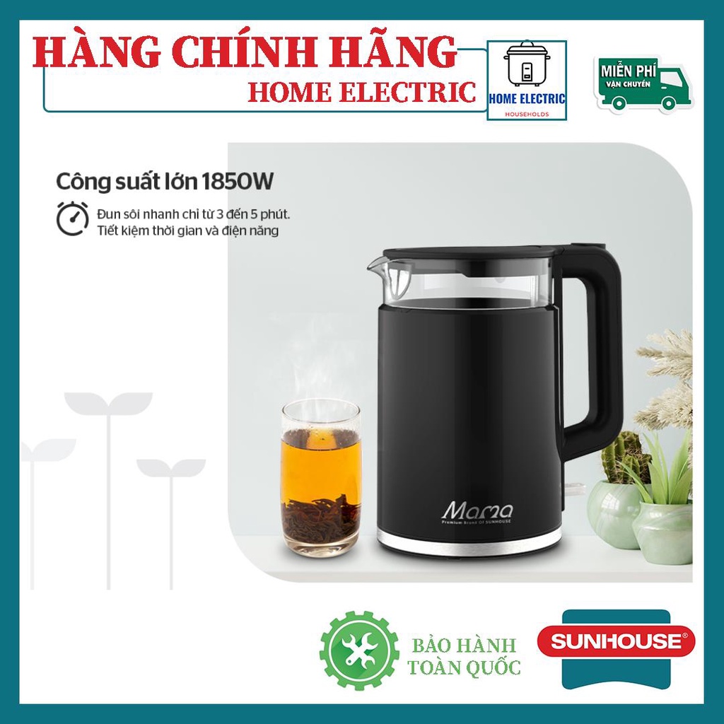 Âm siêu tôc thuy tinh 1.7L Sunhouse SHD1330 Bảo hành chính hãng 12 tháng trên toàn quốc ĐỔI TRẢ 7 NGÀY