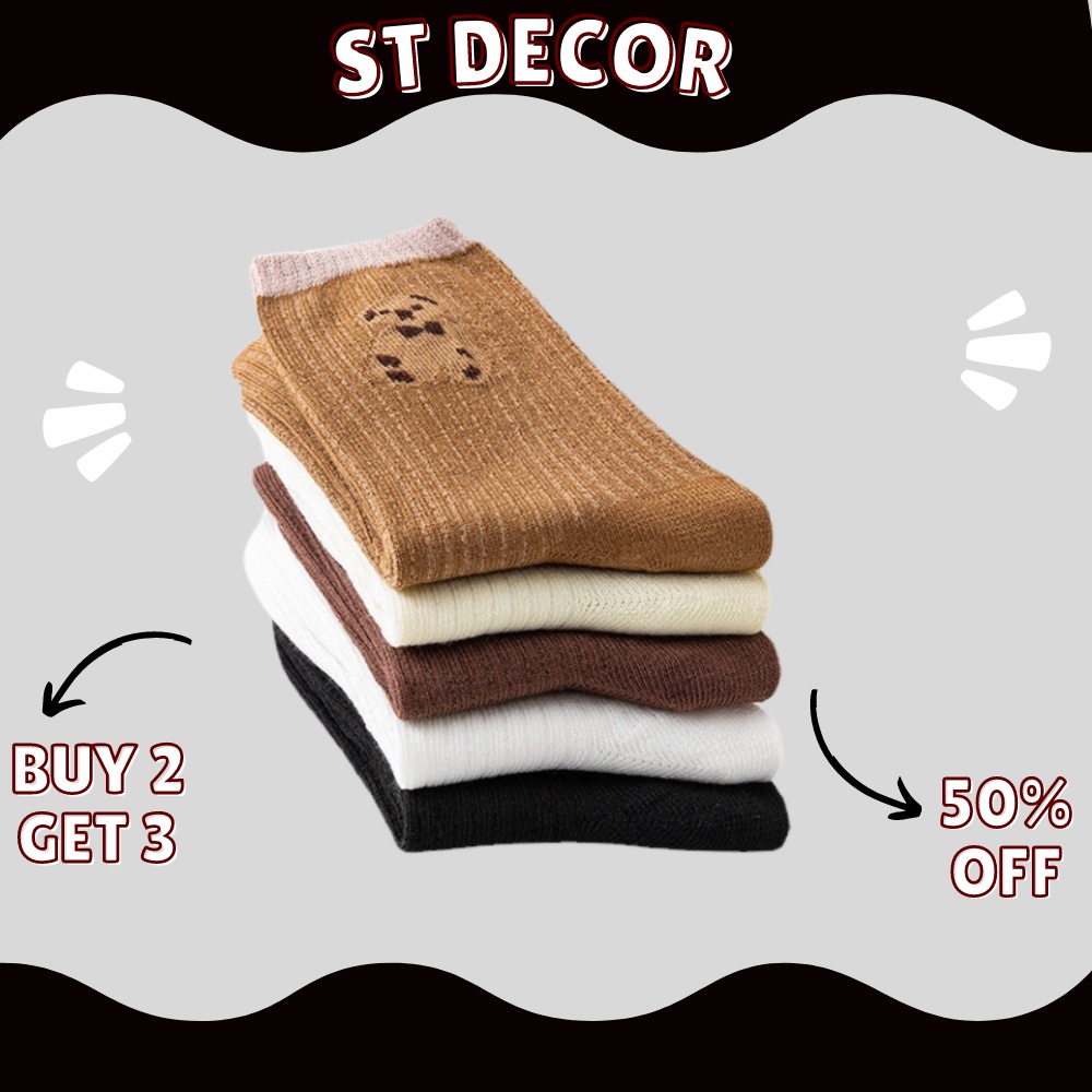 Tất nữ cổ cao vải cotton thêu hình chú gấu hoạt hình phong cách Hàn Quốc