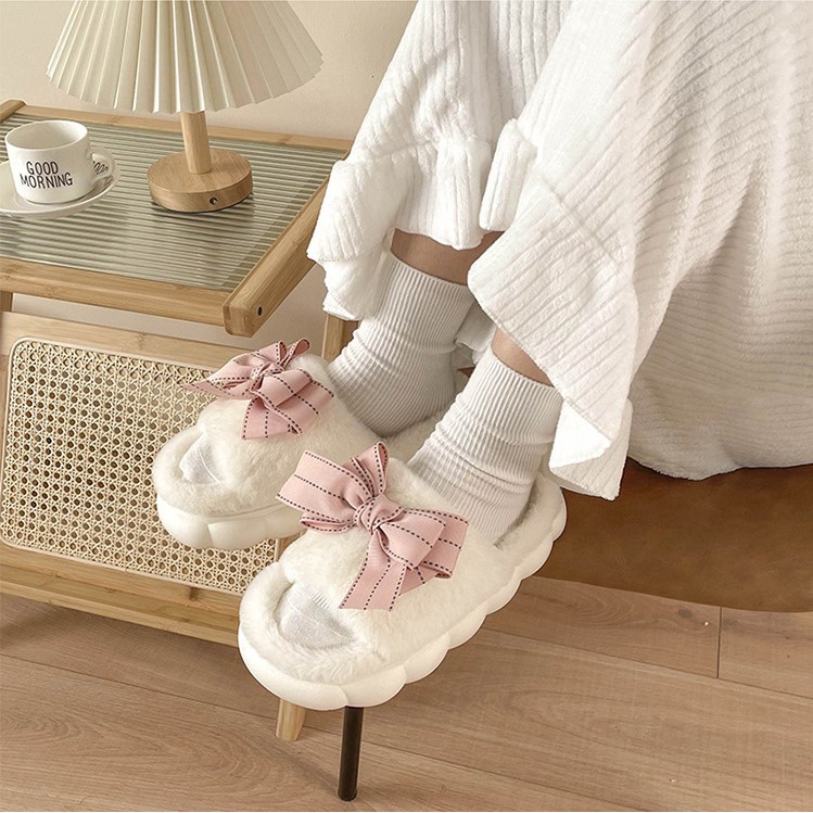 Dép Bông Chống Trượt Đính Nơ Dễ Thương Xinh Xắn