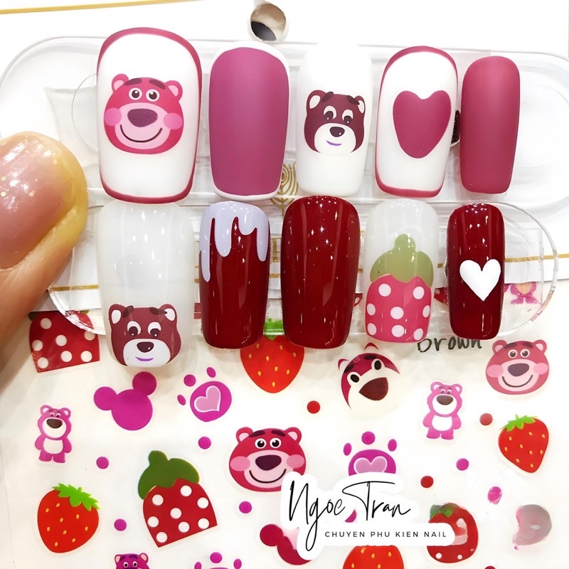 Sticker dán móng tay nail Gấu dâu và Thỏ hình thú dễ thương