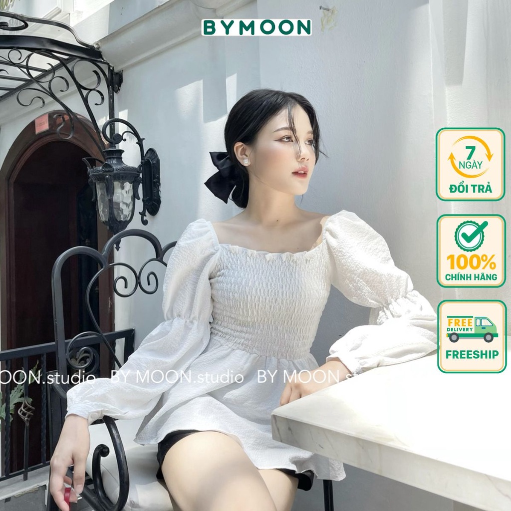 Áo nữ tiểu thư chun tay bồng tiểu thư trễ vai chất voan xốp vân nổi nhún bèo thời trang thiết kế BY MOON ảnh thật A015