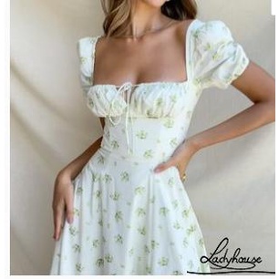 Ldd-đầm Dài Xẻ Tà Cổ Vuông Tay Ngắn In Họa Tiết Hoa Màu Xanh Nhạt / Trắng Cho Nữ