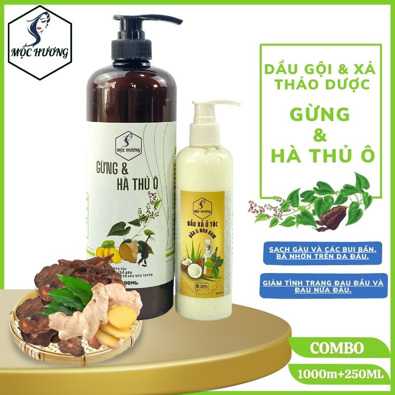 combo gội GỪNG, HÀ THỦ Ô xả DỪA, NHA ĐAM Mộc Hương - Ngăn gàu giảm rụng tóc, bóng mượt