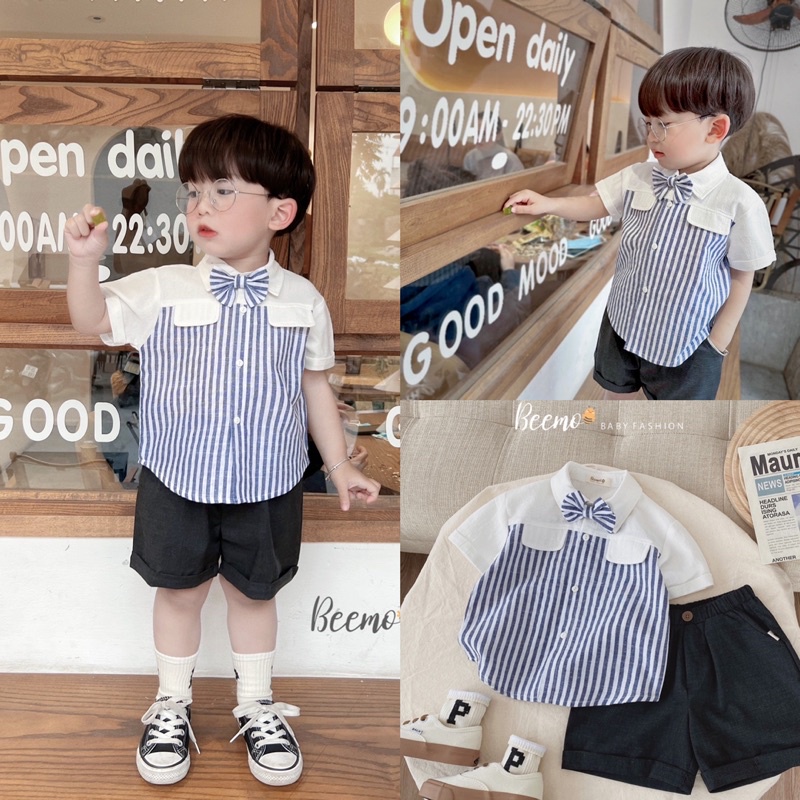 Bộ short sơ mi công tử kèm nơ bé trai-kẻ xanh