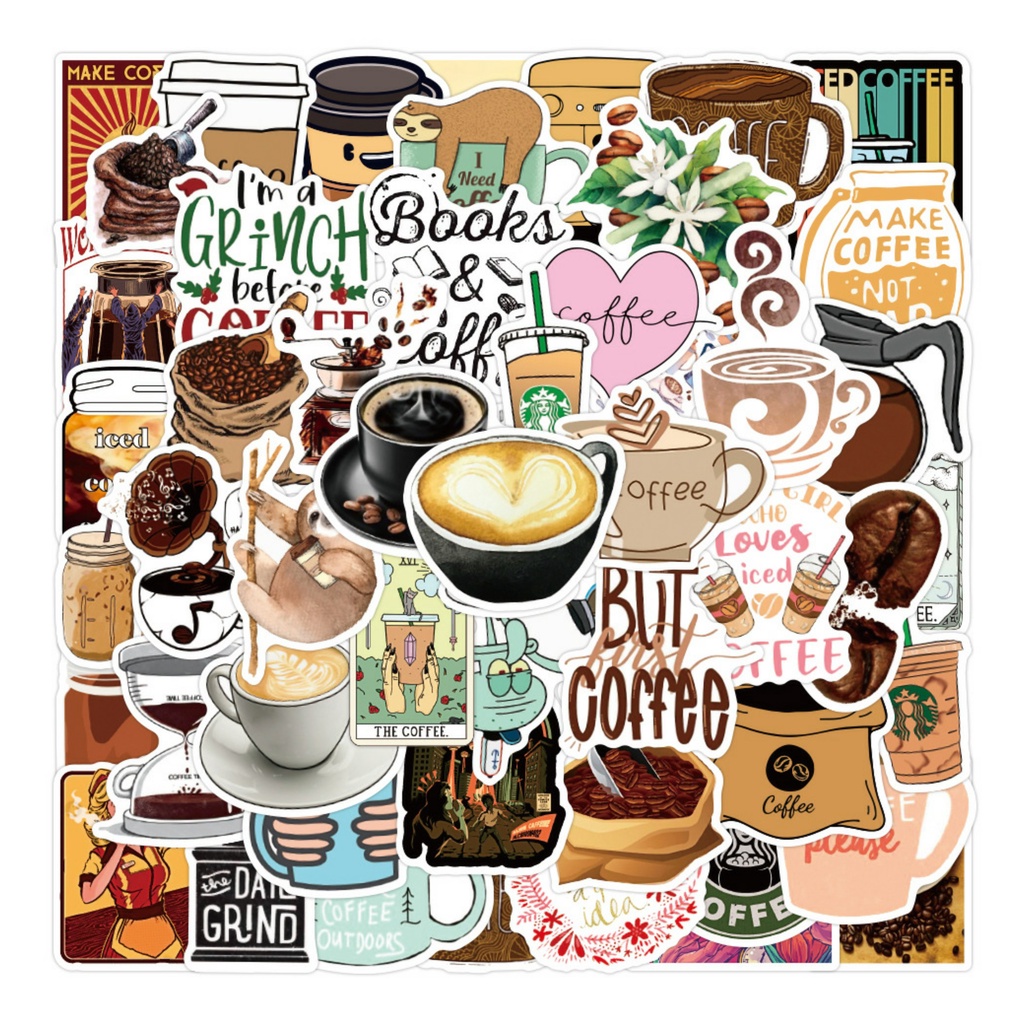 Bộ sticker trang trí mũ bảo hiểm, đàn, guitar, ukulele, điện thoại laptop chủ đề coffee