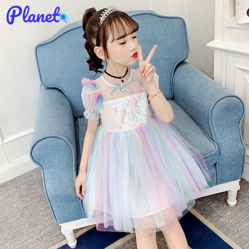 Planet Đầm Công Chúa Phối Lưới Màu Cầu Vồng Thời Trang Hàn Quốc Xinh Xắn Cho Bé Gái