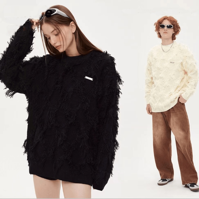 Áo Sweater Cổ Tròn Phối Tua Rua Thời Trang Retro Mỹ Cho Nam Nữ áo len tua rua