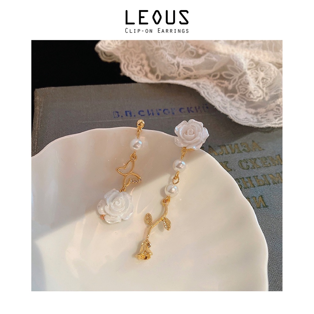 Khuyên tai kẹp không bấm lỗ chốt cố định K093 bằng hợp kim mạ vàng bất đối xứng hình bông hoa cánh bướm dáng dài Leous