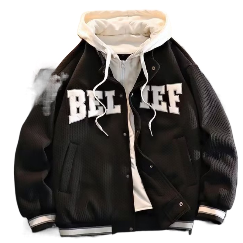 Áo Khoác Bóng Chày Ngắn Giả Hai Lớp Có Mũ Trùm Dáng Rộng Thời Trang Xuân Thu Hàng Mới Dành Cho Cặp Đôi