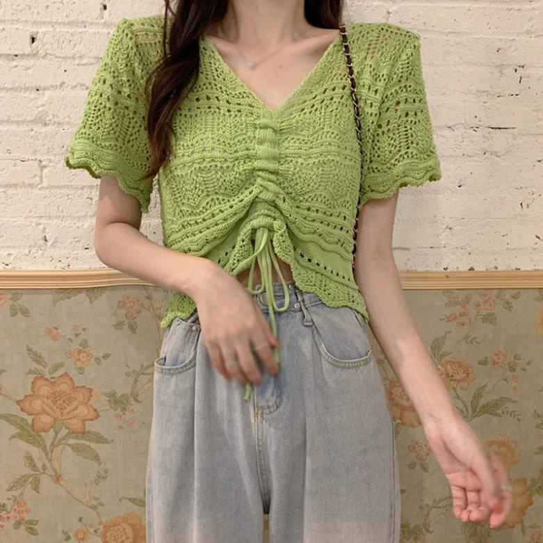 Áo kiểu lưới tay ngắn phối dây rút chống nắng thời trang mùa hè dành cho nữ