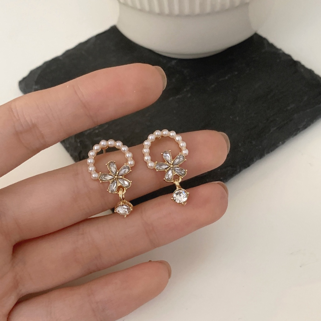 Khuyên tai kẹp không bấm lỗ chốt cố định K301 bằng hợp kim mạ vàng hình tròn đính hoa đá dáng midi Leous Accessories