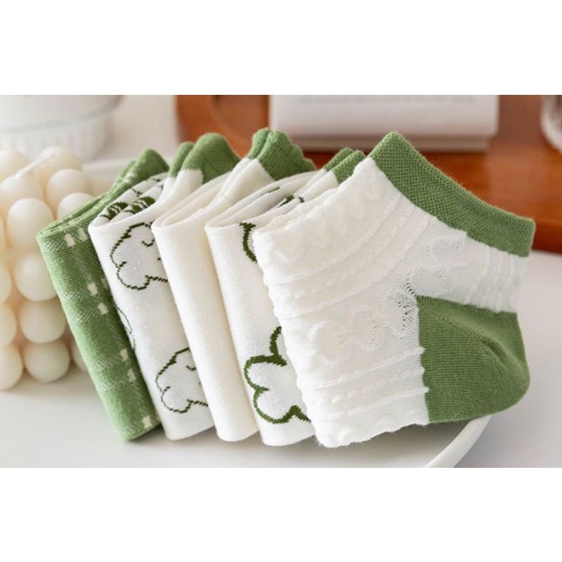 Set 5 đôi tất vớ phối màu trắng xanh cổ ngắn hoạ tiết nhiều kiểu cực xinh hàng đẹp giá rẽ mẫu mới bán chạy