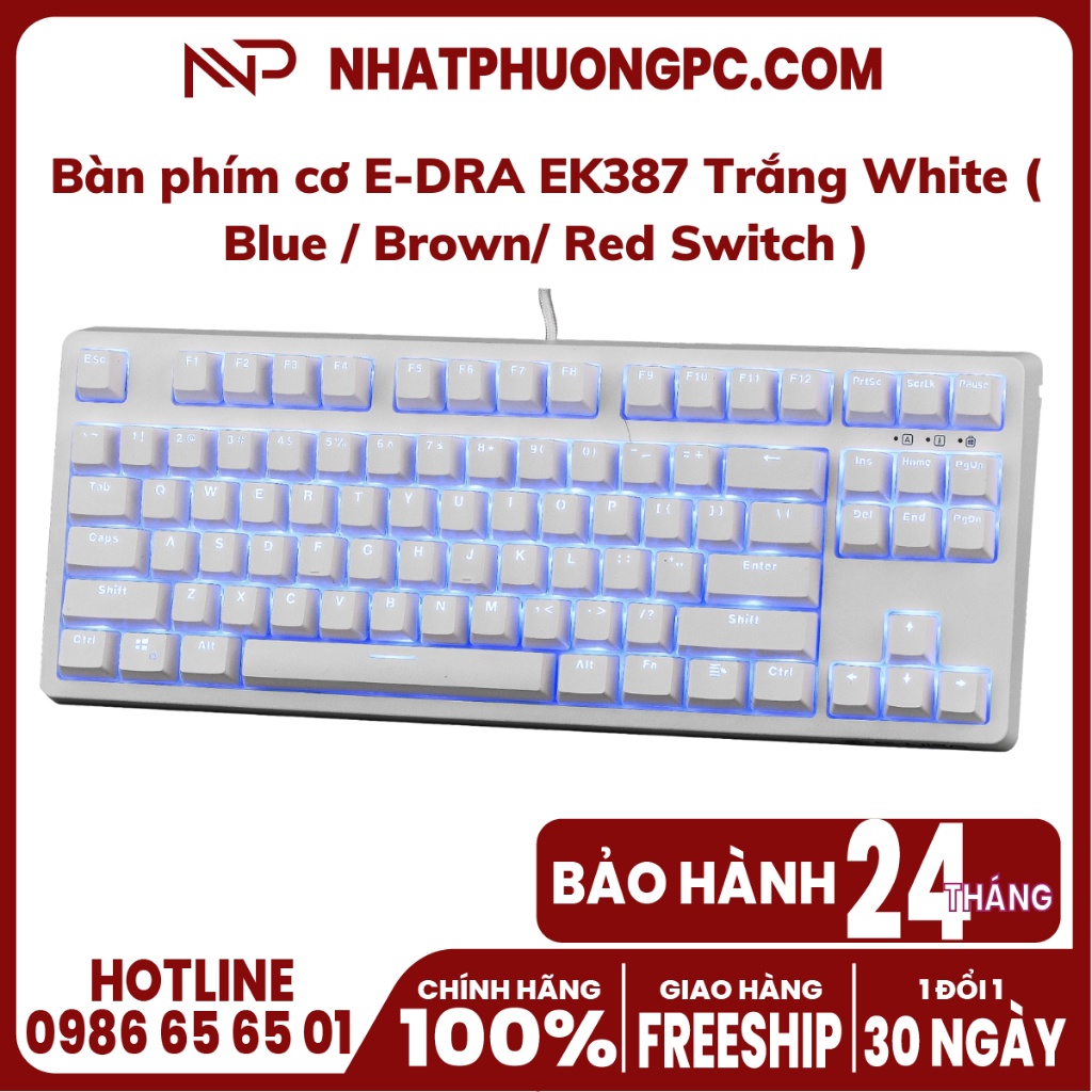 Bàn phím cơ E-DRA EK387 Trắng White ( Blue / Brown/ Red Switch )