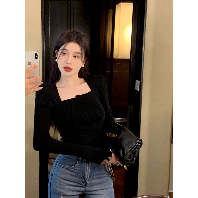 ZHELIHANGFEI Áo Dệt Kim Tay Dài Cổ Vuông Lưng Cao Quyến Rũ Thời Trang Cho Nữ