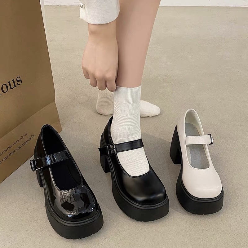 Giày cao gót Vintage Mary Jane đế trụ vuông dáng lolita 10cm